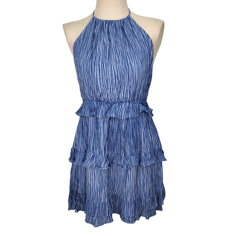Lulus NWT Darling Blue White Striped Halter Mini Dress Tiered Ruffle Open Back M